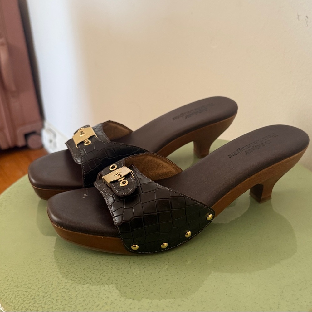 Favorite Daughter Brown Croc-Embossed Leather Slide Heels with Gold Hardware